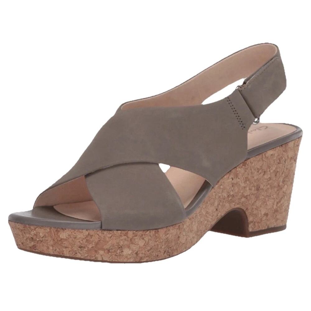 Clarks Maritsa Lara Sandals 10 Platform Wedge Cork Heel Taupe Sage Nubuck NWOT